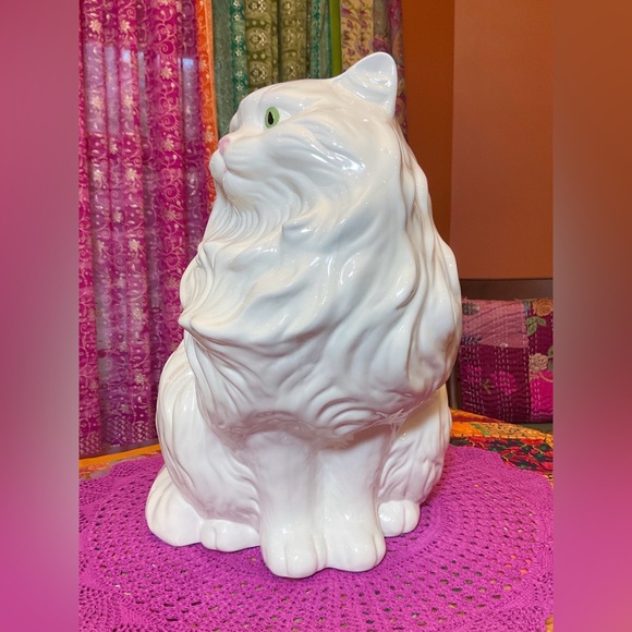 Vintage MCM Ceramic White Persian Cat With Green Eyes - Picture 9 of 13